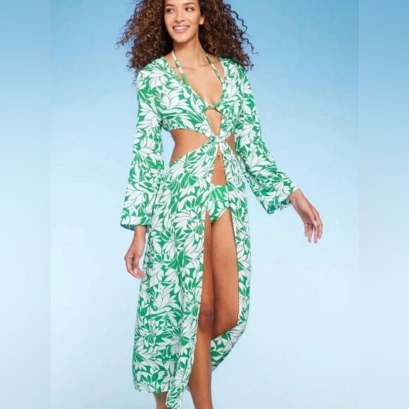 Shade & Shore long sleeve green and white twist front maxi cover up size XL - Picture 1 of 9